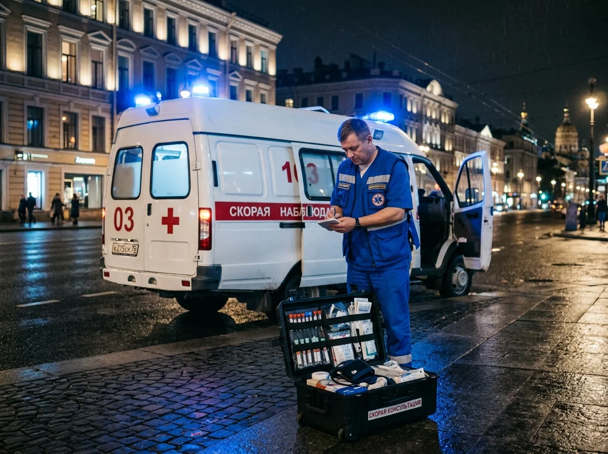 Врач-нарколог готовится к выезду на дом ночью в Санкт-Петербурге, медицинский чемоданчик, скорая помощь, синий свет
