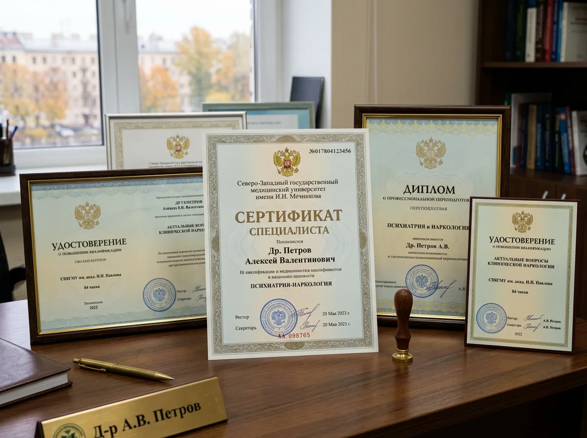 Сертификаты специализации врачей-наркологов клиники НаркоПомощь СПб, документы о повышении квалификации по психиатрии и наркологии, официальные медицинские сертификаты