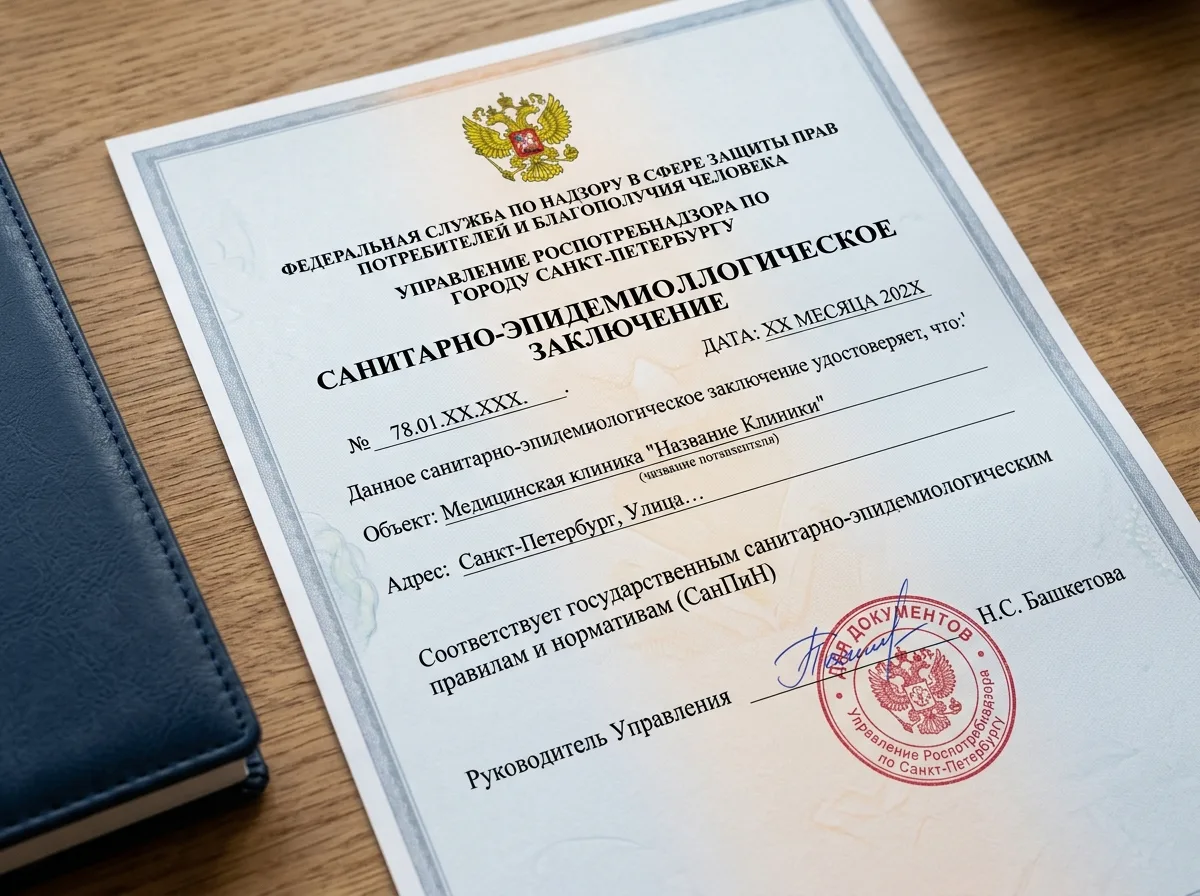 Санитарно-эпидемиологическое заключение Роспотребнадзора для медицинской клиники в Санкт-Петербурге, документ о соответствии санитарным нормам СанПиН